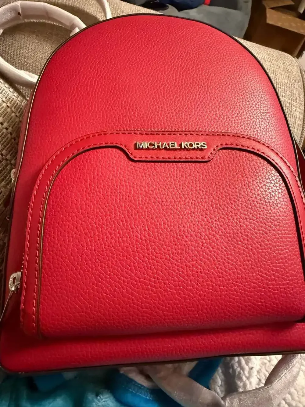 Michael Kors Abbey Medium Pebble Leather Backpack Red - Picture 1 of 2